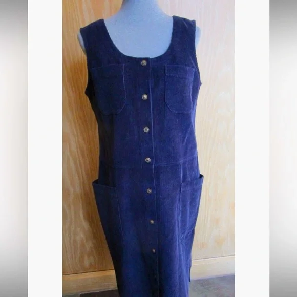 The Vermont Country Store corduroy tunic shift coverall dress, thick blue cotton - Picture 2 of 10